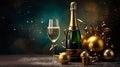 Champagnes and decorations for new year party Royalty Free Stock Photo