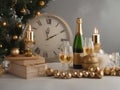 Champagnes and decorations for new year party Royalty Free Stock Photo