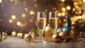 Champagnes and decorations for new year party Royalty Free Stock Photo