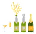 Champagnes party elements. Champagne bottle explosion and glasses with sparkling wine isolated on white background Royalty Free Stock Photo