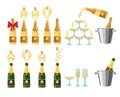 Champagnes party elements. Champagne bottle explosion nd glasses with sparkling wine isolated on white background Royalty Free Stock Photo