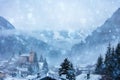 Snowfall in the old French mountain village Royalty Free Stock Photo