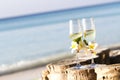 Champaign glasses with frangipani flowers at a wedding beach for bride and groom Royalty Free Stock Photo