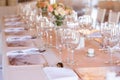 Champaigne and wine glasses on table at wedding reception Royalty Free Stock Photo