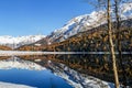 The Champfer Lake at the St. Moritz in autumn season with crystal clear reflection