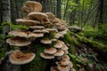 Champignon mushrooms thrive artfully on tree stump, their contrasting shades mesmerizing onlookers Royalty Free Stock Photo