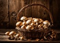 Champignon mushrooms in a wicker basket on a wooden table