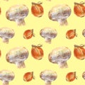 Champignon and onion on yellow background. Seamless watercolor pattern