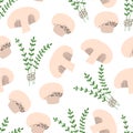 Champignon and thyme pattern. Flat hand drawn mushroom seamless print.