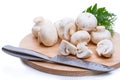 Champignons on a cutting board and knife Royalty Free Stock Photo