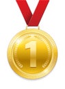 Champion Award gold Medal for sport prize. Shiny medal with red ribbon isolated on white background. Vector illustration Royalty Free Stock Photo