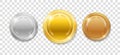 Champion Award Medals for sport winner prize. Set of realistic 3d empty gold, silver and bronze medals isolated. Vector