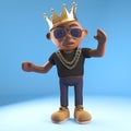 Champion black hiphop rapper wearing a gold crown, 3d illustration