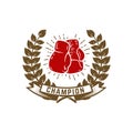 Champion boxing club. Emblem template with boxer gloves. Design element for logo, label, emblem, sign.