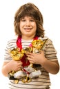 Champion boy with many cups