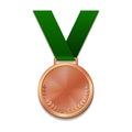 Champion bronze medal with with a concentric circle texture pattern and green ribbon.