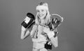 Champion concept. Girl successful modern woman hold golden goblet of champion. Woman good in tennis jumping boxing