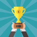 Champion gold cup in hands vector illustration. First place. Flat design.