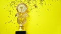 Champion gold cup trophy on yellow background. minimalism style, victory celebration concept. and golden stars of Royalty Free Stock Photo