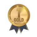 Champion Gold Medal with Blue Ribbon. Icon Sign of First Place Isolated on White Background. Vector Illustration Royalty Free Stock Photo