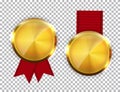 Champion Gold Medal with Red Ribbon. Icon Sign of First Place Isolated on Transparent Background. Vector Illustration Royalty Free Stock Photo