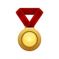 Champion Gold Medal with Red Ribbon. Vector Royalty Free Stock Photo