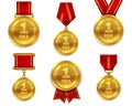 Champion gold medals. Award winner trophy golden medal sport reward competition first best hero red ribbon coin prize Royalty Free Stock Photo