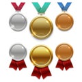 Champion gold, silver and bronze award medals with red and colors ribbons isolated on white background Royalty Free Stock Photo