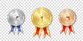 Champion gold, silver and bronze award medals with red ribbons Royalty Free Stock Photo