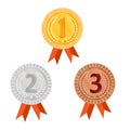 Champion gold, silver and bronze award medals with red ribbons. Round icon victory. Isolated on white background. Vector Royalty Free Stock Photo