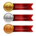 Champion gold, silver and bronze medails with red ribbon banners