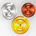 Champion Gold, Silver and Bronze Medal Icon Sign First, Second and Third Place Collection Set Isolated on Transparent Background. Royalty Free Stock Photo