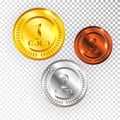 Champion Gold, Silver and Bronze Medal Icon Sign First, Second and Third Place Collection Set Isolated on Transparent Background. Royalty Free Stock Photo