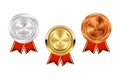 Champion Gold, Silver and Bronze Medal with Red Ribbon Icon Sign First Royalty Free Stock Photo