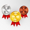 Champion Gold, Silver and Bronze Medal with Red Ribbon Icon Sign First, Second and Third Place Collection Set Isolated on Transpar Royalty Free Stock Photo