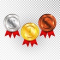 Champion Gold, Silver and Bronze Medal with Red Ribbon Icon Sign First, Second and Third Place Collection Set Isolated on Transpar Royalty Free Stock Photo