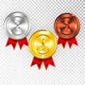Champion Gold, Silver and Bronze Medal with Red Ribbon Icon Sign First, Second and Third Place Collection Set Isolated on Transpar Royalty Free Stock Photo