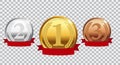 Champion Gold, Silver and Bronze Medal with Red Ribbon. Icon Sign of First, Second  and Third Place Isolated on Transparent Royalty Free Stock Photo