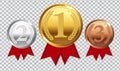 Champion Gold, Silver and Bronze Medal with Red Ribbon. Icon Sign of First, Second  and Third Place Isolated on Transparent Royalty Free Stock Photo