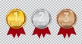 Champion Gold, Silver and Bronze Medal with Red Ribbon. Icon Sign of First, Second and Third Place o Royalty Free Stock Photo
