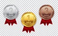 Champion Gold, Silver and Bronze Medal with Red Ribbon Icon Sign Royalty Free Stock Photo