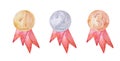 Champion Gold, Silver and Bronze Medal Template with Red Ribbon. Icon Sign of First, Second and Third Place Isolated on Royalty Free Stock Photo