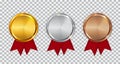Champion Gold, Silver and Bronze Medal Template with Red Ribbon. Icon Sign of First, Second and Third Place o Royalty Free Stock Photo