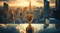 Champion golden trophy city background. Success and achievement concept. Best entrepreneur, startup Royalty Free Stock Photo