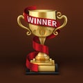 Champion golden trophy cup with red winner ribbon. Sports championship vector concept