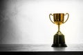 Champion golden trophy placed on wooden table