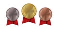 Champion medal with red ribbon. Gold, silver or bronze badges with laurel branches. Sport competition trophies template