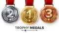 Champion Medals Set Vector. Metal Realistic First, Second Third Placement Achievement. Round Medals With Red Ribbon, Relief Detail