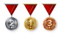 Champion Medals Set Vector. Metal Realistic First, Second Third Placement Achievement. Round Medals With Red Ribbon