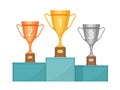 Champion podium with trophies. Winner pedestal with golden, silver and bronze trophy cups. Sport or race competition awards vector Royalty Free Stock Photo